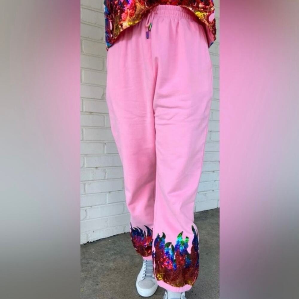 Queen of Sparkles Pink Sequin Rainbow Flame Sweatpants Joggers Large Womens - Picture 3 of 16